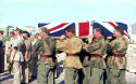 Funeral Party carrying SSM Lonergan's coffin Ma-Alla Cemetery, Aden. Pall Bearers on SSM John Lonergans funeral were L to R. Cpl. Bert Leslie, Cpl. Jim Davidson, Cpl. Dave McCamley and Cpl. Brian McKean. Others not shown in the picture are S/Sgt. Paul Scoble PSI, i/c party, Sgt John Donaldson, Cpl. Roy Wallace, Sgt. Brian McGarry and Cpl. Len Pearson.